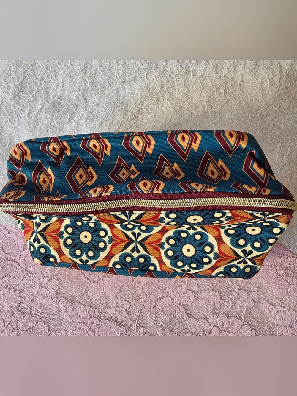 Estee Lauder Teal, Navy & Orange Patterned Cosmetic Bag